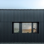 Černý plášť chrání dům mezi ořešáky. Vlnitou mají fasádu i střechu Foto: Sirokai Levente