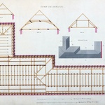 Obr. 2 Konstrukce krovu a tvarové řešení střechy na školní práci Karla Kaplana z roku 1886 (Archiv architektury NTM, fond 121).