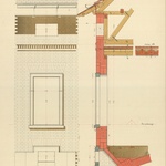 Obr. 4 Vzorová předloha řezu domem, která mimo jiné zobrazuje řez střešní konstrukcí s pálenou střešní krytinou a nadokapním žlabem (Hesky – Šanda 1884, tab. 16)