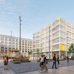Pohled na nové náměstí v centrální části dostavby 4. kvadrantu s novou budovou Vysoké školy chemicko-technologické, tým 20: Benthem Crouwel Architects (NL) + OVA (ČR), zdroj: ONplan