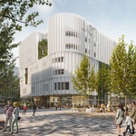 Nová budova Vysoké školy chemicko-technologické při pohledu z prodloužení Technické ulice, tým 32: Cityförster (NL) + Studio Perspektiv (ČR), zdroj: ONplan
