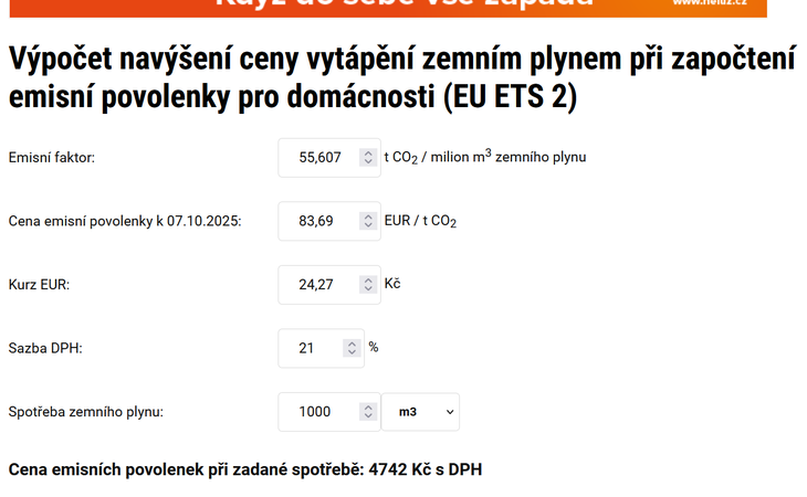 Obr. 1 Výpočet zdražení plynu o cenu emisních povolenek s přednastavenými hodnotami. Zdroj: TZBinfo.cz