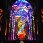 AURA pojímá vitrážová okna sanfranciské katedrály, její tyčící se oblouky a výzdobu jako prvky, kořeny, z nichž rostou stylizované příběhy o historii, přírodě, legendách. Každá to projekce je velmi živá. Foto: AURA Grace Cathedral, Moment Factory.