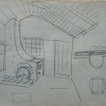 Skica interiéru Sedlákovy chaty – Architekt Karel Dudych, Jíloviště, ČR, 1958. Zdroj: UMP