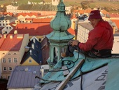 Oprava věže kostela Petra a&nbsp;Pavla v&nbsp;Broumově. Zdroj: archiv rodiny Dvořákových