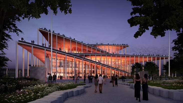 Vltavská filharmonie v&nbsp;Praze, vstup z&nbsp;náměstí, vizualizace Bjarke Ingels Group (BIG)