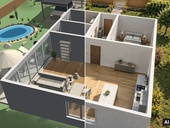Tentýž návrh dvakrát: vlevo 3D model domu se zahradou z&nbsp;plánovače Homeplot, vpravo realistická vizualizace, kterou z&nbsp;něj vytvořila umělá inteligence. Foto: Jan Fűri, Homeplot