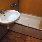 Interiér umakartové koupelny před rekonstrukcí, ve které se v průběhu času vyměnily pouze umyvadlová a sprchová baterie a sprchová zástěna