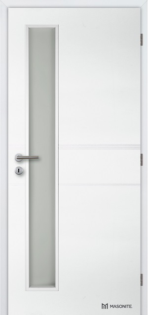 Bílé lakované dveře Masonite ANGLET Vertika se specifickým prolisem a pískovaným zasklením