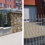 Vlevo: Kovový plot z dílců z pásoviny s kamennou zdí..........Vpravo: Kovový plot ze svislé pásoviny upravený žárovým zinkem – moderní řešení k modernímu bydlení.