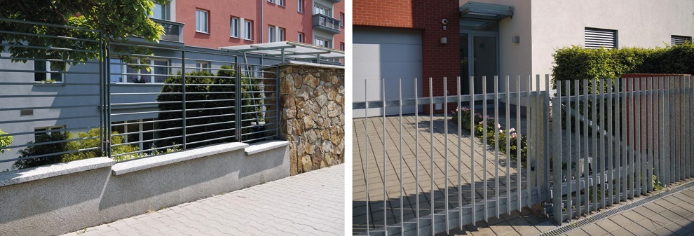 Vlevo: Kovový plot z dílců z pásoviny s kamennou zdí. Vpravo: Kovový plot ze svislé pásoviny upravený žárovým zinkem – moderní řešení k modernímu bydlení. 