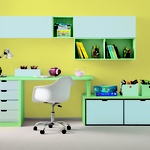 Pracovní kout pro školáka, modro zeleno žlutá kombinace podporuje soustředění, foto Viabel