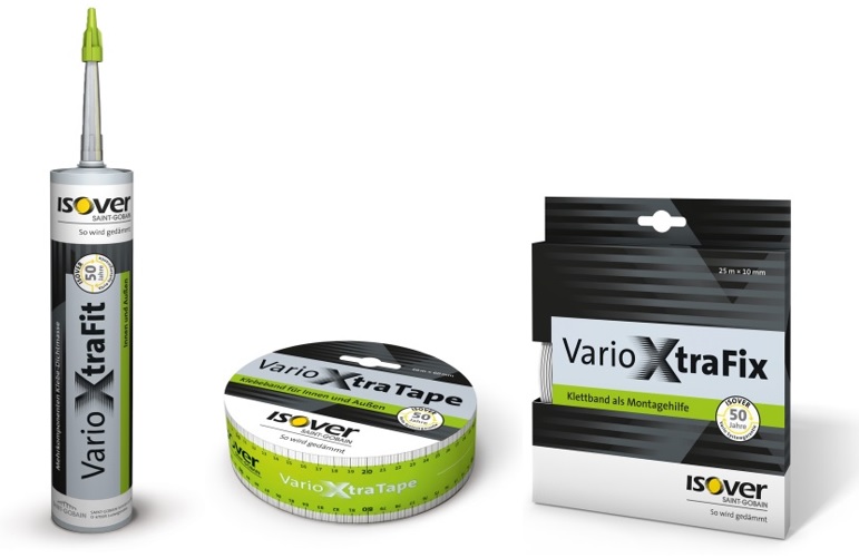 Systémové doplňky Isover VARIO®  Xtra – elastický těsnicí tmel a vysoce lepicí spojovací pásky.