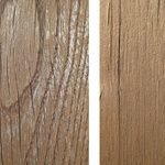 Obr. 5 Degradace stejného pigmentovaného nátěru na bázi přírodních olejů na dubu (vlevo) a smrku (vpravo) po 18měsíční expozici v exteriéru