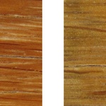 Obr. 7 Stejný transparentní nátěrový systém na bázi tixotropních alkydů na neošetřeném dubu (vlevo) a na dubovém dřevě ošetřeném povrchovou penetrační vrstvou obsahující UV-stabilizační látky (vpravo) po 6 týdnech umělého urychleného stárnutí