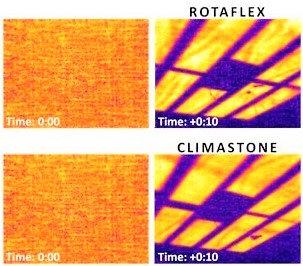 Proměna podhledové plochy stropu v plochu vytápění je s elektrickými topnými fóliemi FENIX jednoduchá. Minimální rozdíly mezi konstrukcí s deskovou izolací ROTAFLEX a foukanou izolací CLIMASTONE dokumentují snímky stropu z infrakamery ve vypnutém stavu a po 10 minutách provozu.